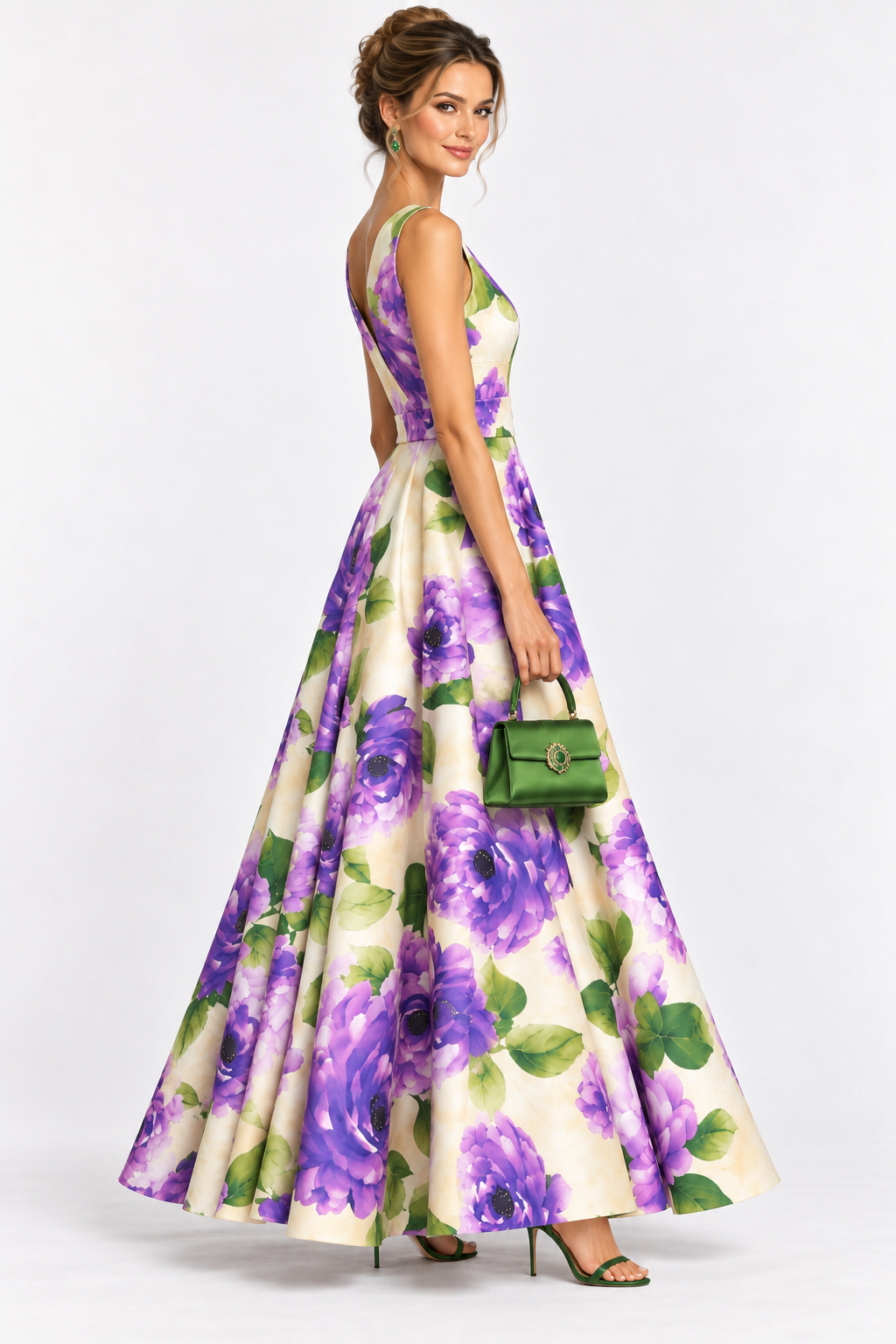 G. Novak Purple Peony Print Belted Maxi Dress