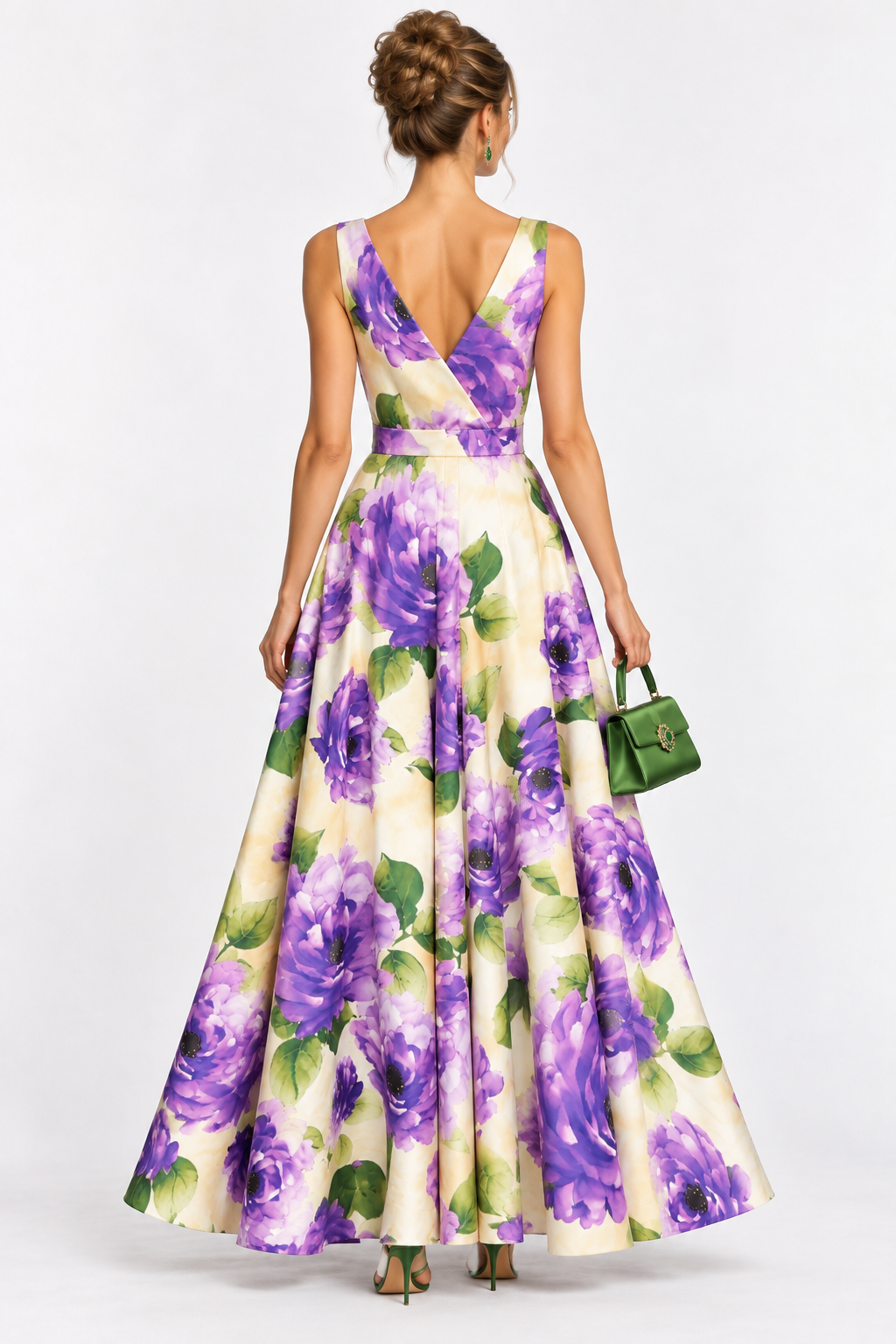 G. Novak Purple Peony Print Belted Maxi Dress