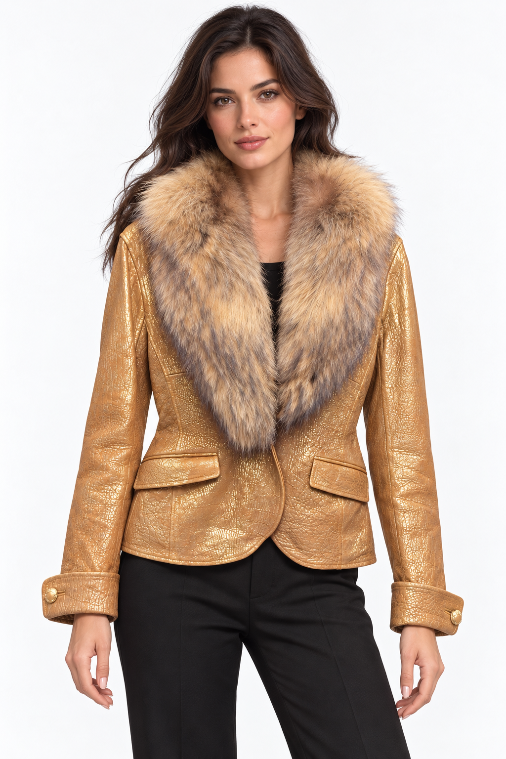 Metallic Gold Leather Jacket with Statement Fur Collar – Size L