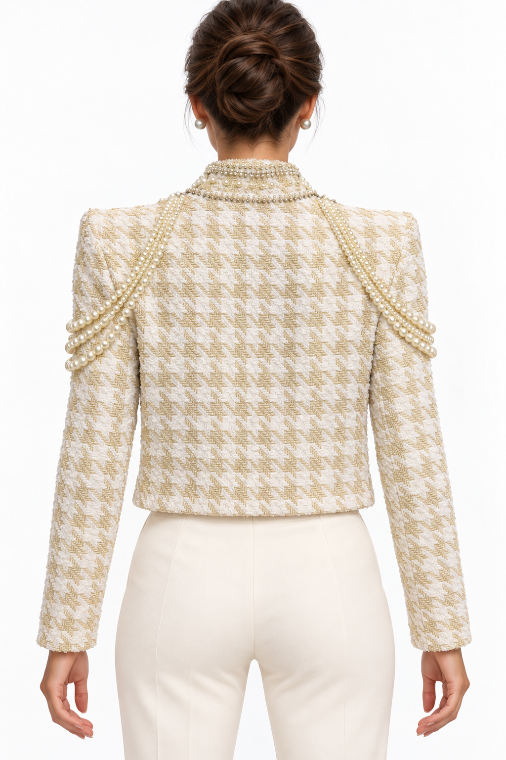 BLITHE Ivory & Gold Tweed Jacket with Pearl Embellishments