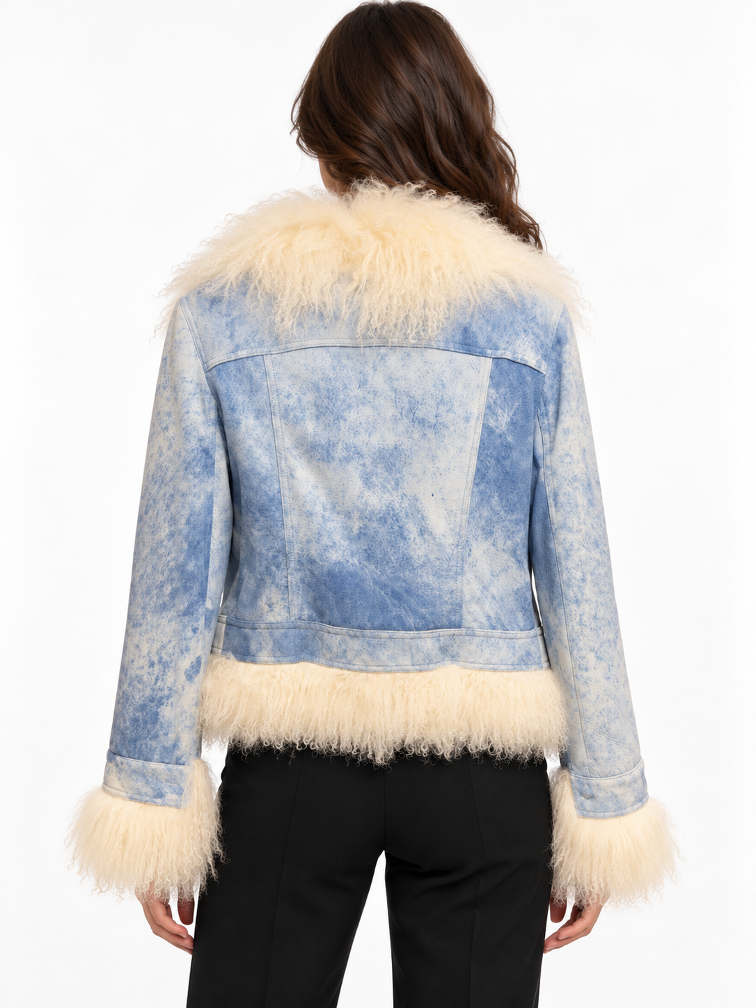 Elements by Vakko Light Blue Leather Jacket with Cream Curly Trim – Size L