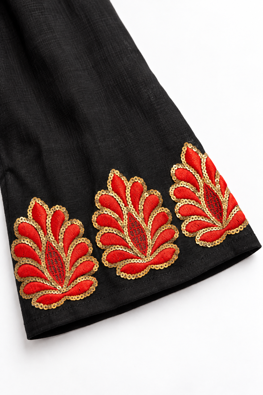 G. Novak Black Linen Three-Piece Set with Red & Gold Embroidery