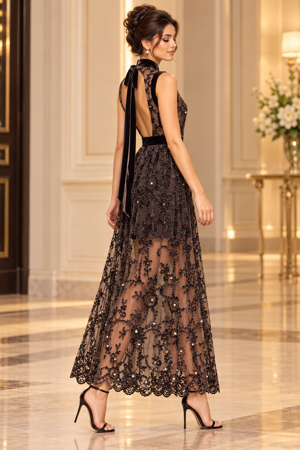 G. Novak Black Velvet Floral Tulle Open-Back Evening Overdress