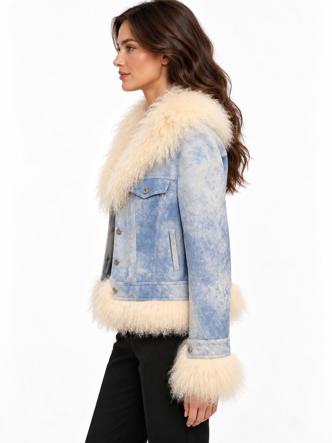 Elements by Vakko Light Blue Leather Jacket with Cream Curly Trim – Size L