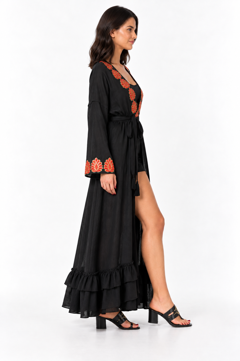 G. Novak Black Linen Three-Piece Set with Red & Gold Embroidery