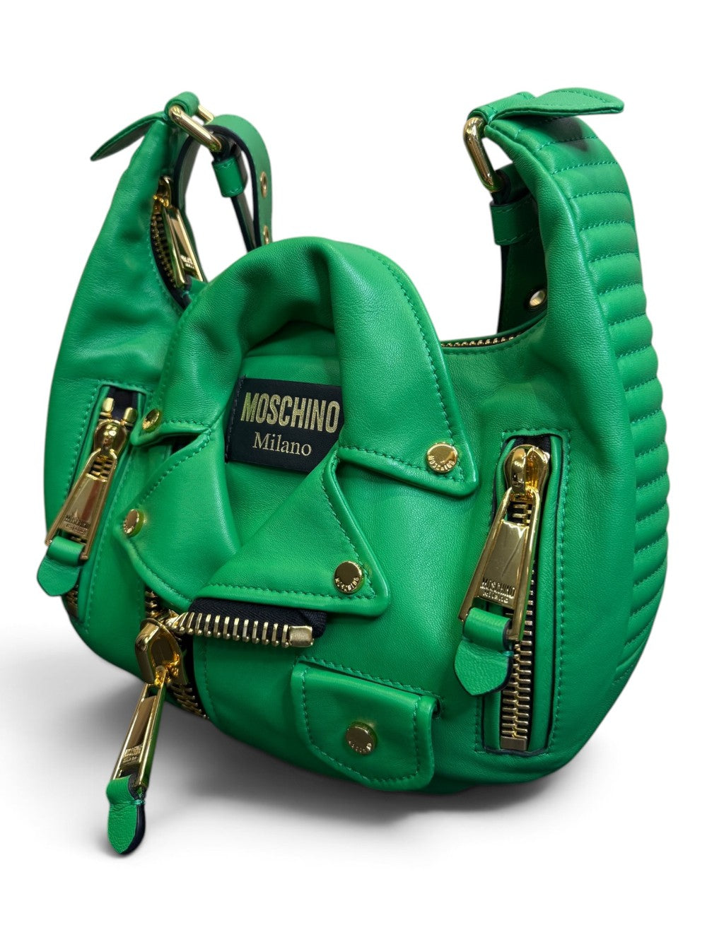 Moschino Milano Green Leather Biker Hobo Shoulder Bag|763
