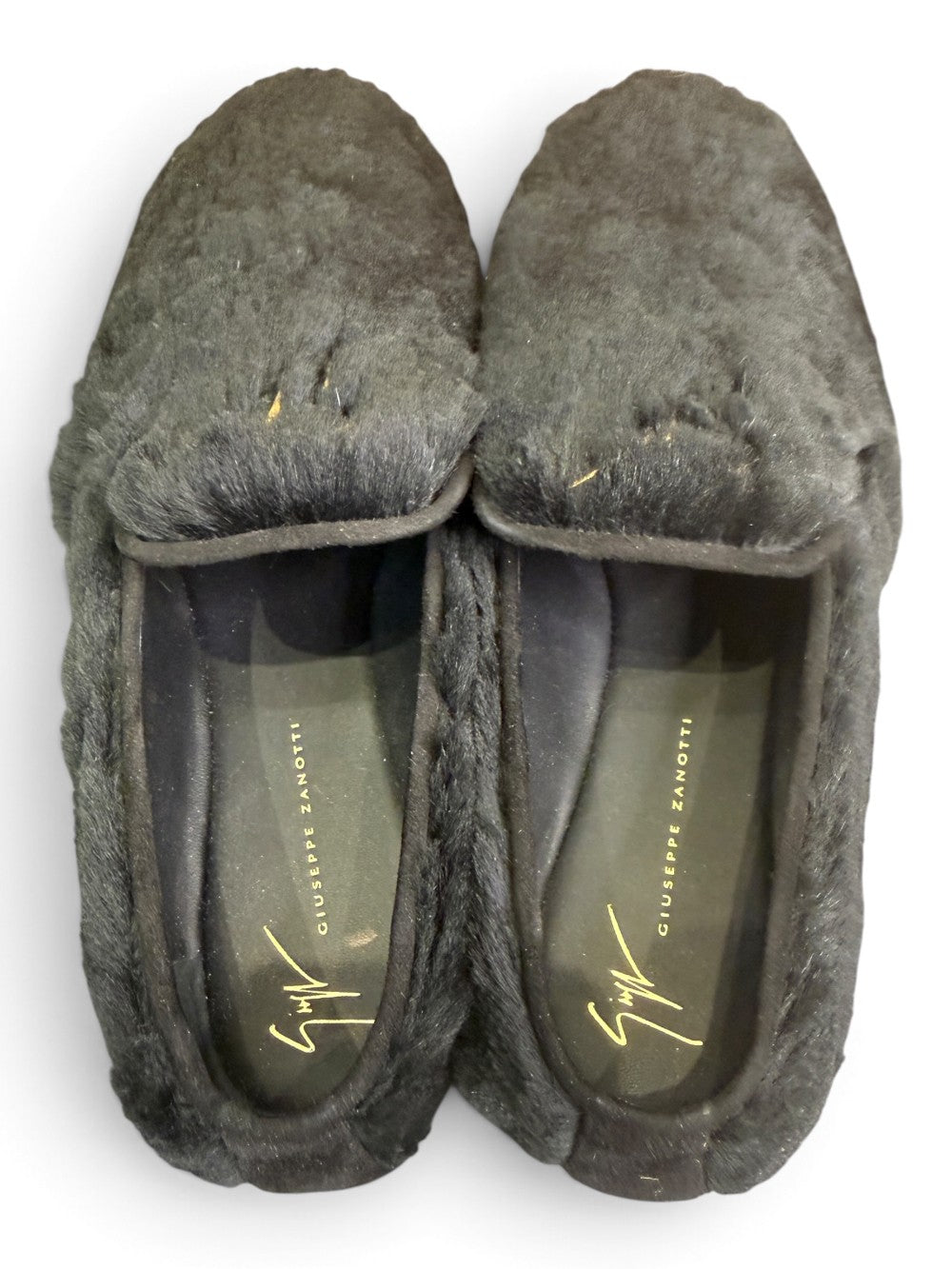 Giuseppe Zanotti Men's Black Rabbit Fur Loafers with Gold Signature – US 11 (EU 44)|995