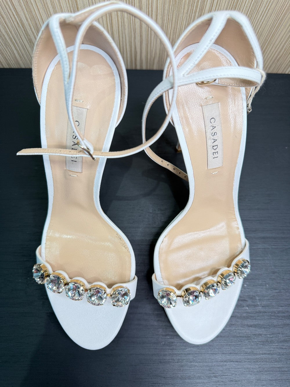 Casadei White Leather Crystal Embellished Platform Sandals Size 39|164