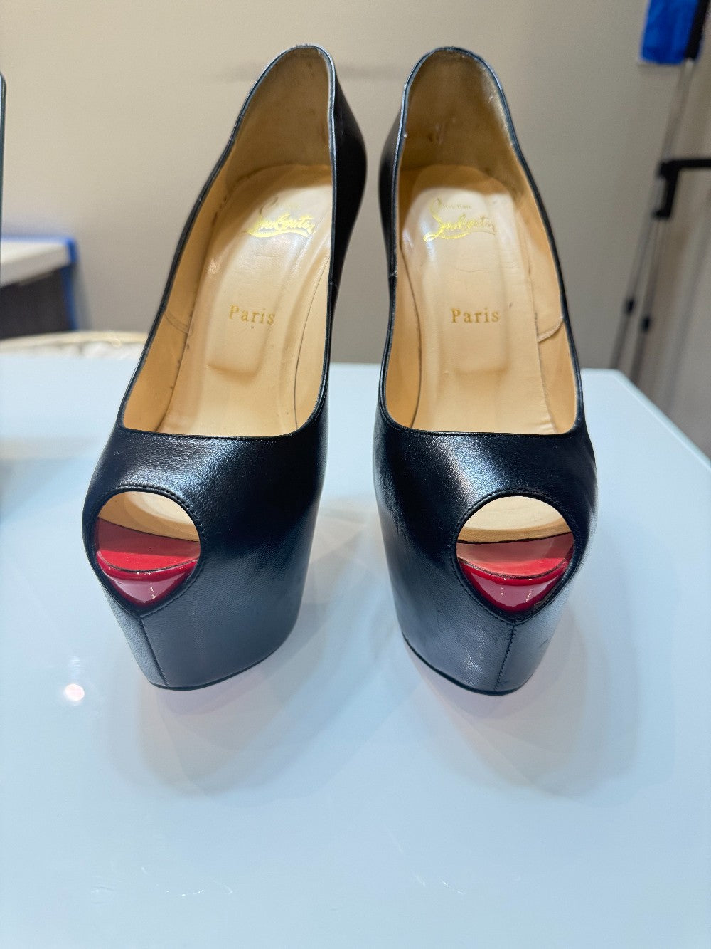 Christian Louboutin Very Prive' 160 Black Leather Peep-Toe Platform Pumps|3