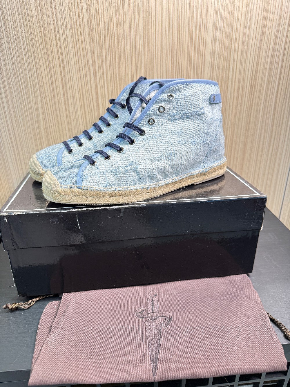 Cesare Paciotti PB301/27T Denim Stone Washed High-Top Espadrille Sneakers Size US Men's 10|256