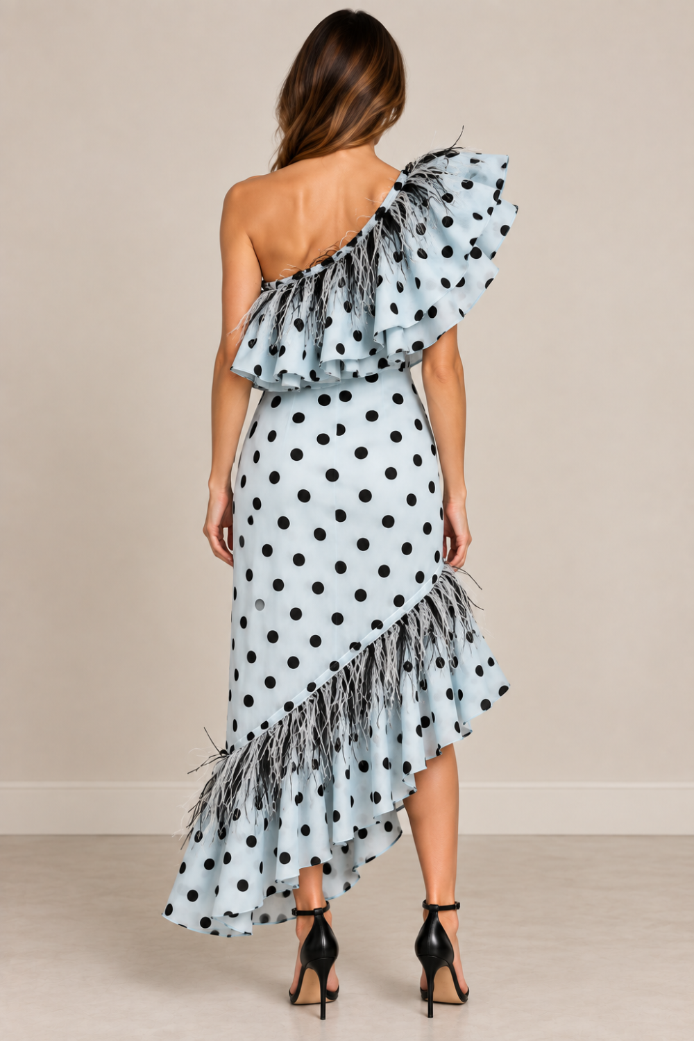 G. Novak One-Shoulder Polka Dot Chiffon Feather Trim Dress GN 207 Size 42-44|860
