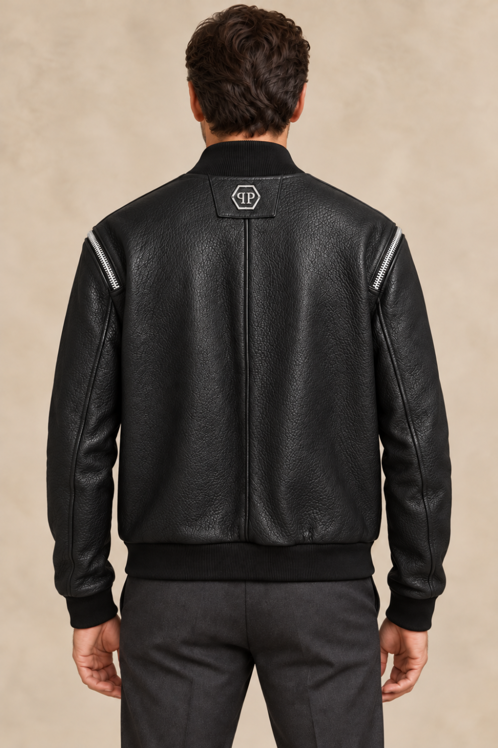 Philipp Plein Men’s Black Leather Bomber Jacket with Silver-Tone Hardware – 4XL|1047
