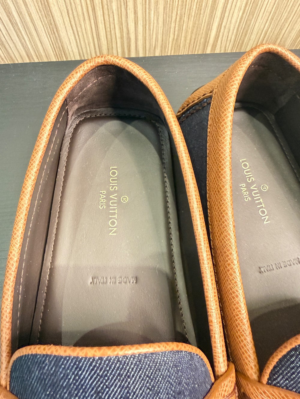 Louis Vuitton Men's Denim & Leather Driver Moccasins Navy/Brown Size US 10|260