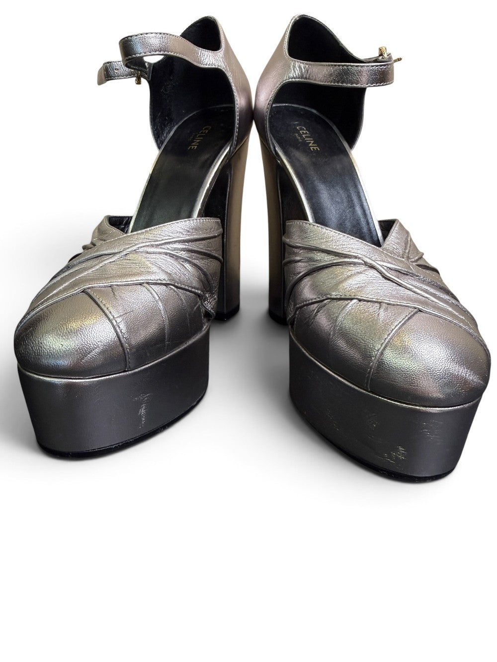 Celine Metallic Silver Leather Platform Heels Size 36|459