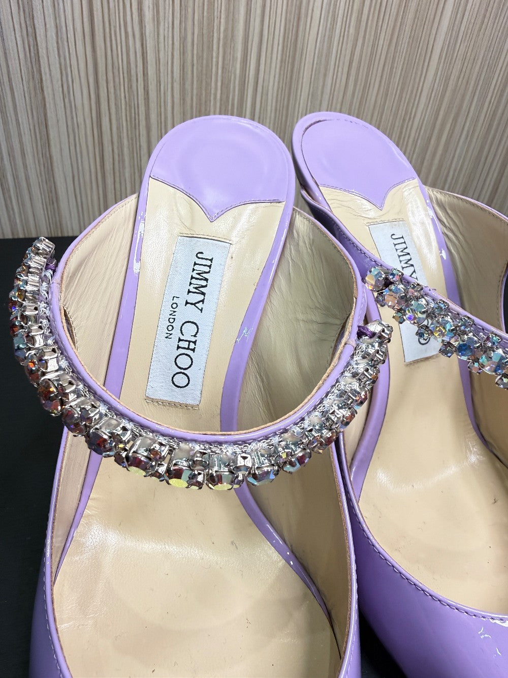 Jimmy Choo Bing Lilac Patent Leather Crystal Strap Mule Pumps Size 40|206