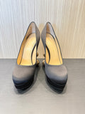 Charlotte Olympia Black Satin Platform Pumps with Signature Gold Ball Heel. Size EU 38.5|37