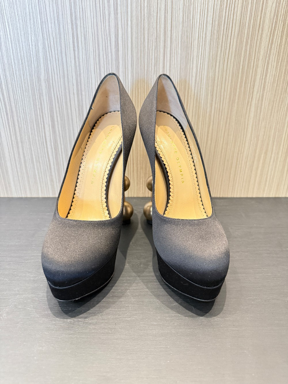 Charlotte Olympia Black Satin Platform Pumps with Signature Gold Ball Heel. Size EU 38.5|37