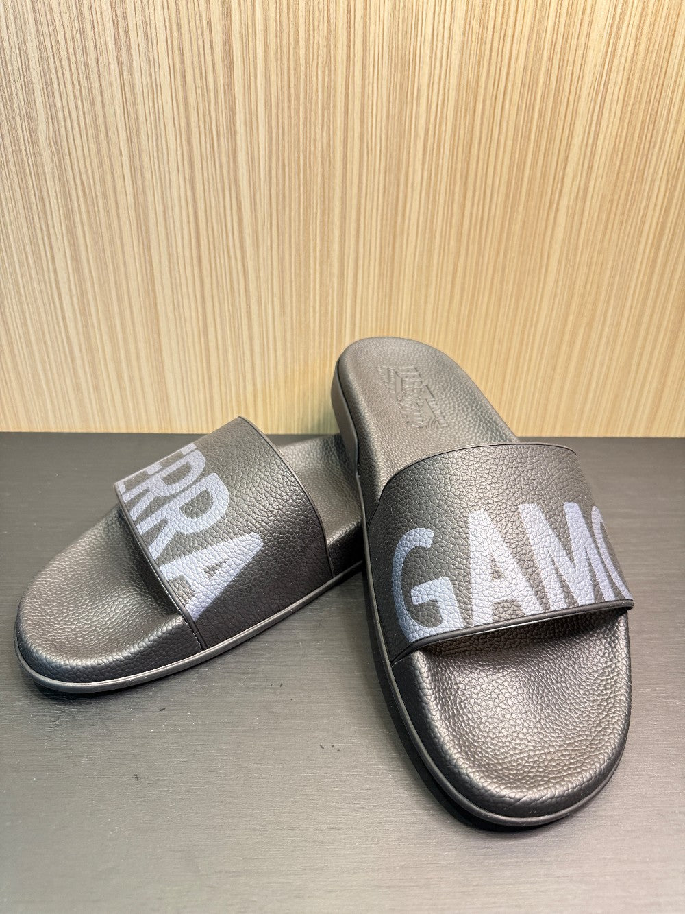 Salvatore Ferragamo Logo Rubber Pool Slides Black Size US Men's 10|242
