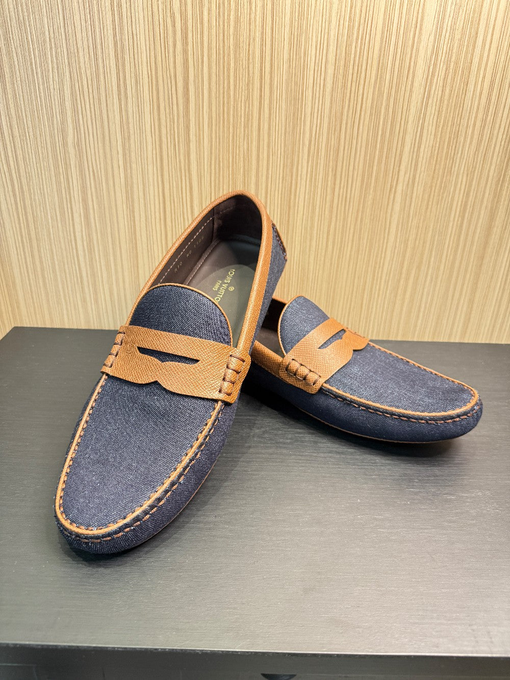 Louis Vuitton Men's Denim & Leather Driver Moccasins Navy/Brown Size US 10|265