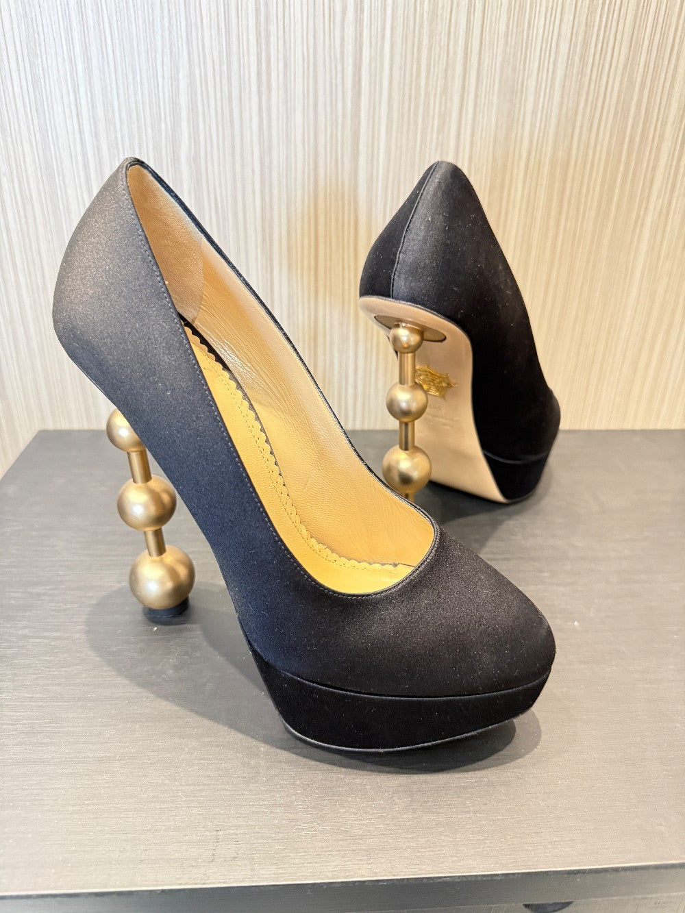 Charlotte Olympia Black Satin Platform Pumps with Signature Gold Ball Heel. Size EU 38.5|43