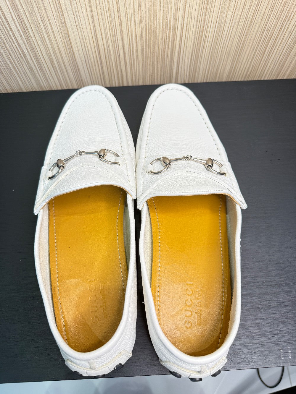 Gucci White Pebbled Leather Horsebit Driver Loafers Size 10.5|189