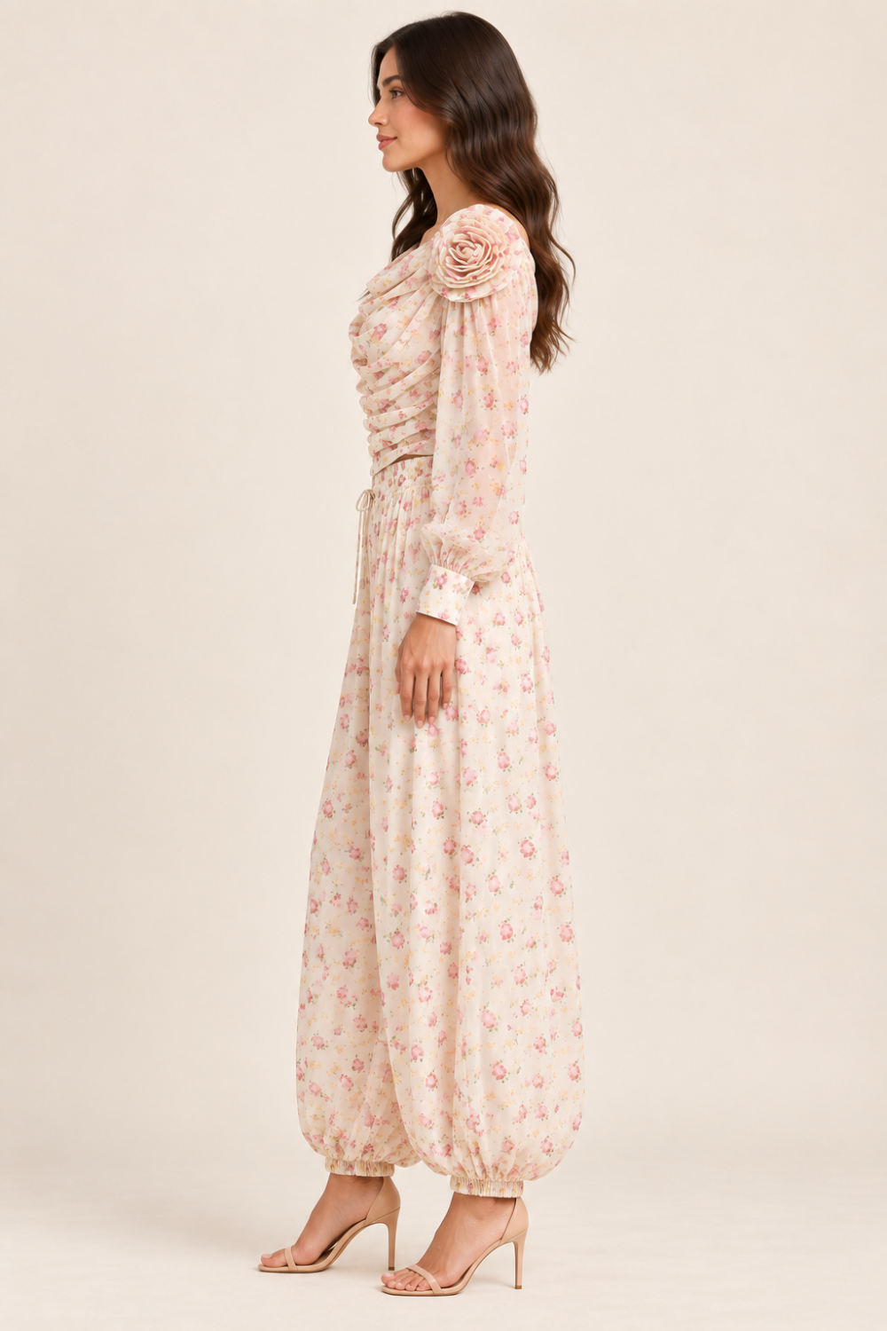 LUMINA Floral Draped Bodysuit & Harem Pants Set — S/M|941