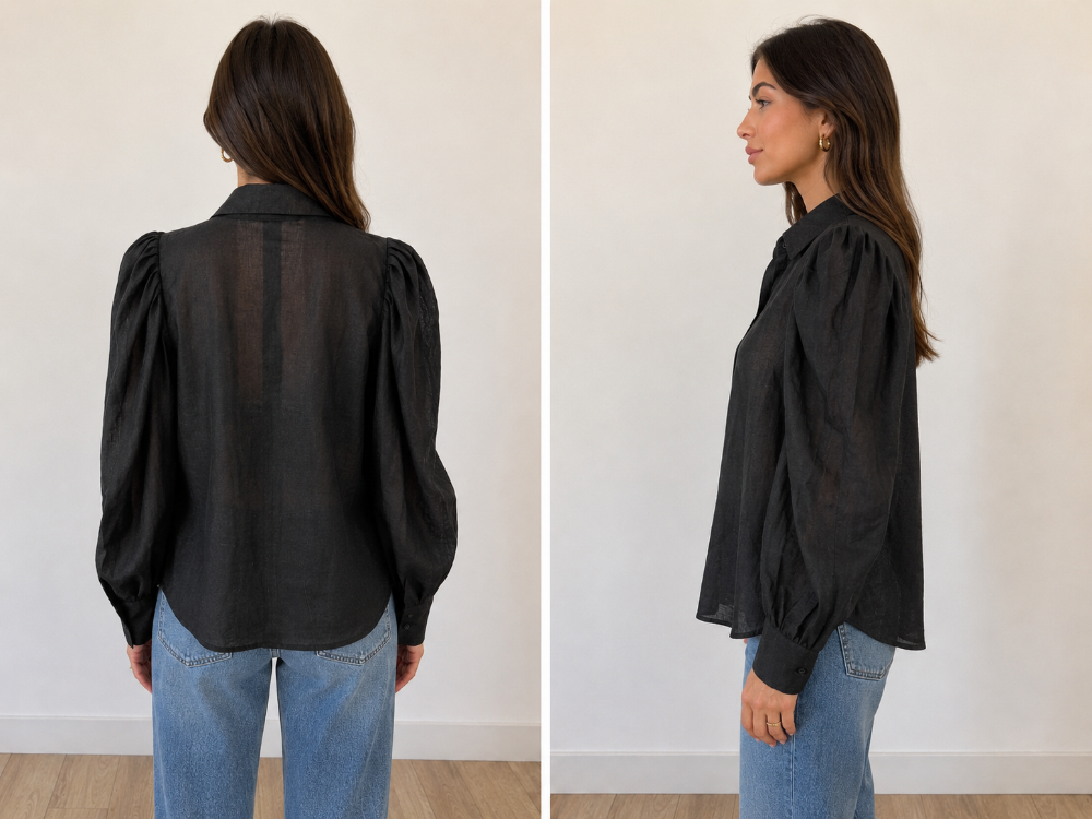 SPAZIO Black 100% Linen Puff Sleeve Blouse – Size L|563
