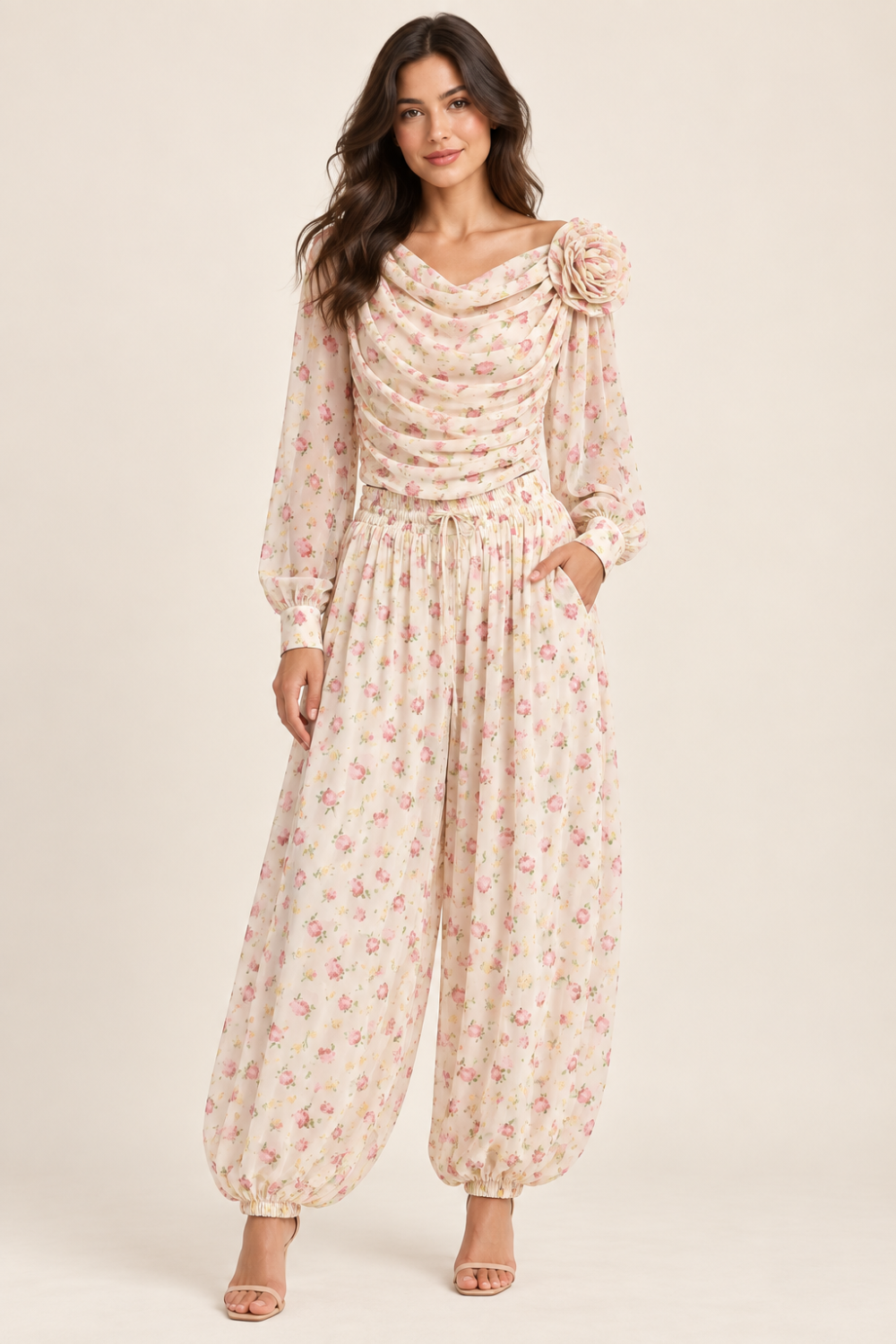 LUMINA Floral Draped Bodysuit & Harem Pants Set — S/M|939