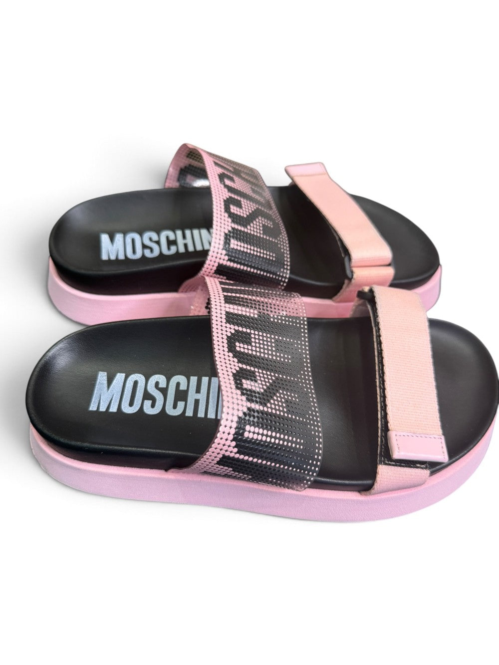 Moschino Pink & Black Embellished Logo Platform Slide Sandals|988