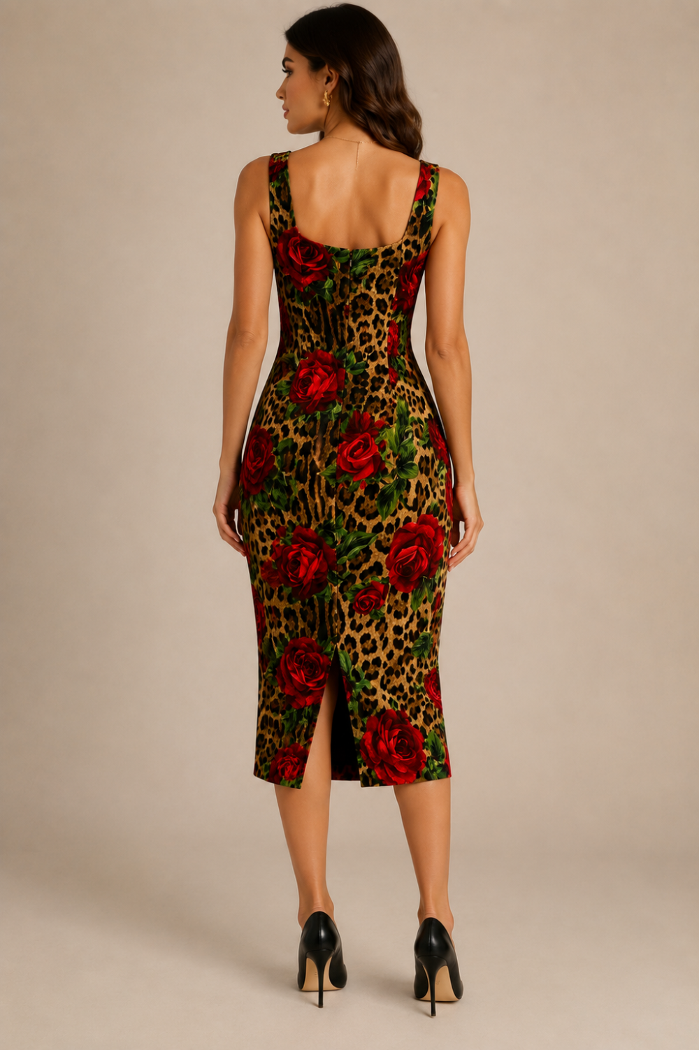 Dolce & Gabbana Rose & Leopard Print Cady Pencil Midi Dress – IT 48|533