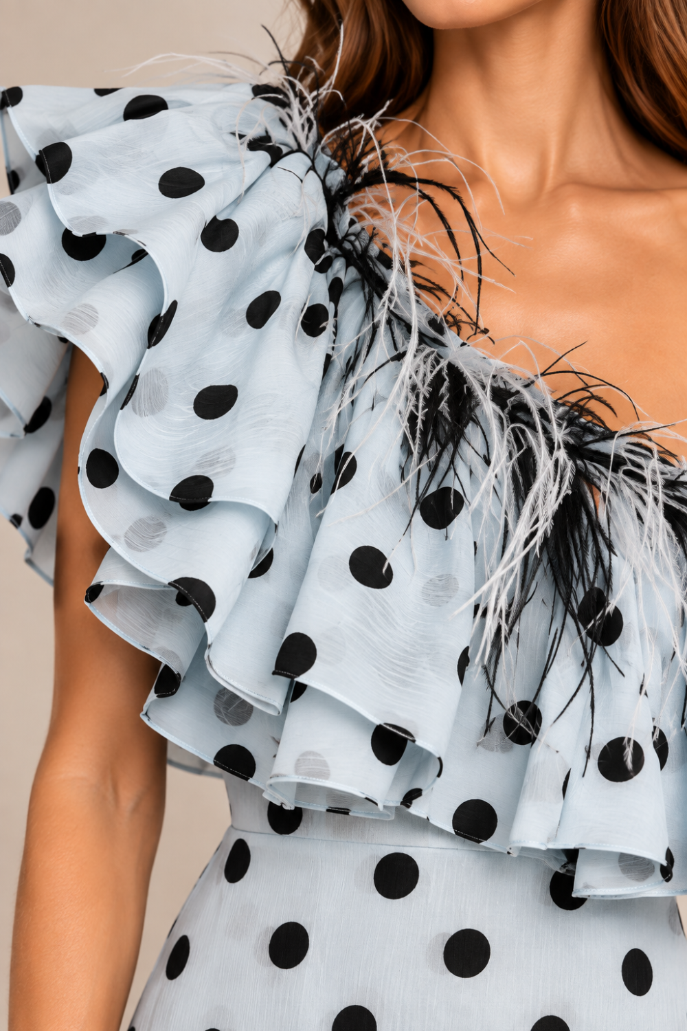 G. Novak One-Shoulder Polka Dot Chiffon Feather Trim Dress GN 207 Size 42-44|861