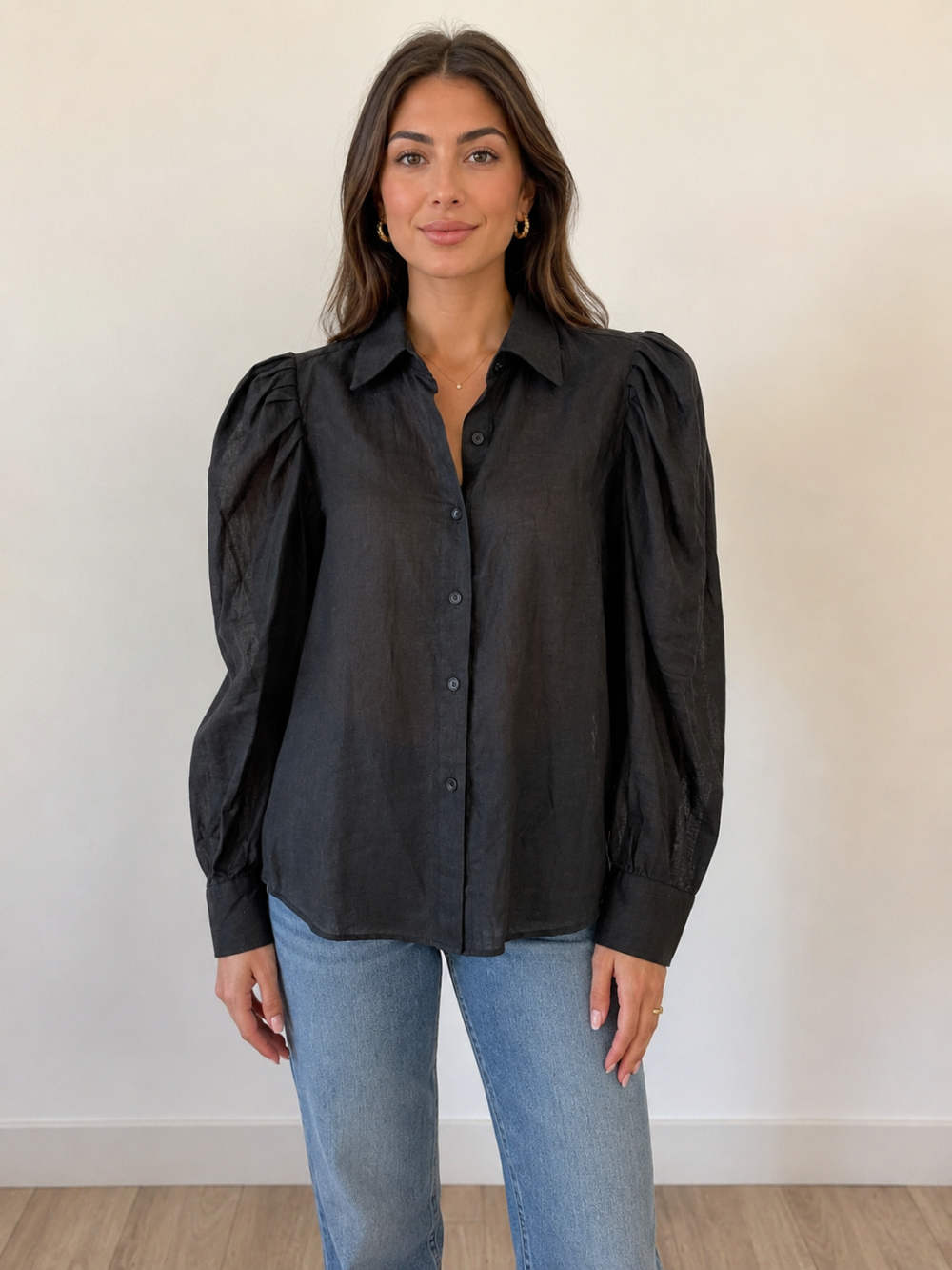 SPAZIO Black 100% Linen Puff Sleeve Blouse – Size L|562