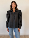 SPAZIO Black 100% Linen Puff Sleeve Blouse – Size L|562