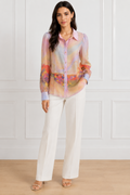 L’Atiste by Amy Pastel Printed Sheer Button-Front Blouse – Size L|558