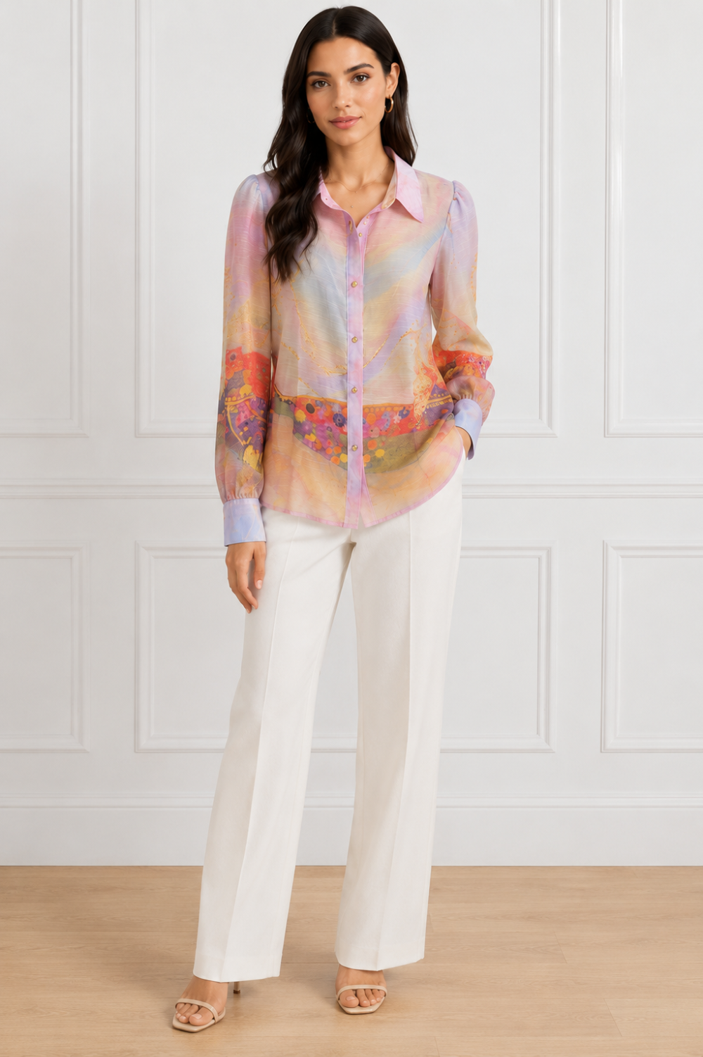 L’Atiste by Amy Pastel Printed Sheer Button-Front Blouse – Size L|558