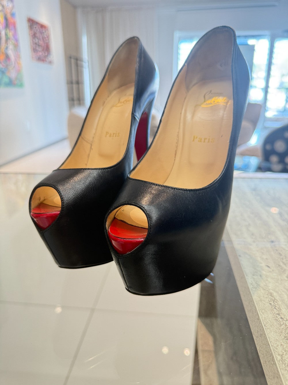 Christian Louboutin Very Prive' 160 Black Leather Peep-Toe Platform Pumps|4