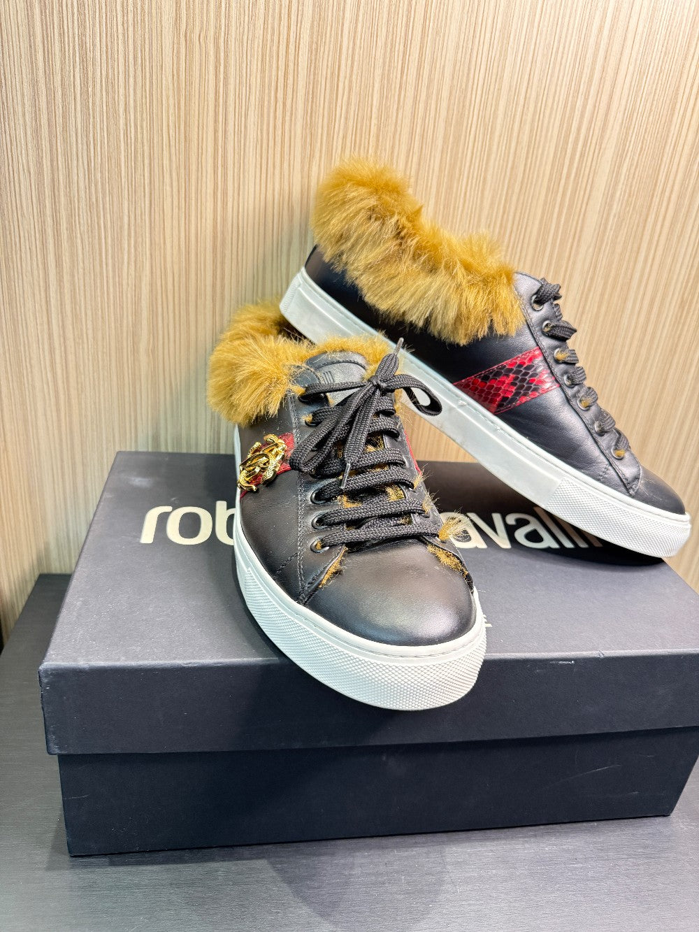 Roberto Cavalli RC100 C Leather Sneakers with Dyed Fur Trim Size EU 43.5|278