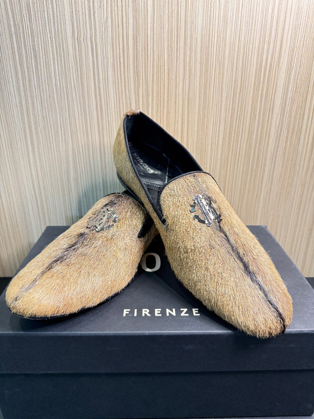 Roberto Cavalli Hair-On Goatskin Smoking Slippers Loafers Size EU 44|273