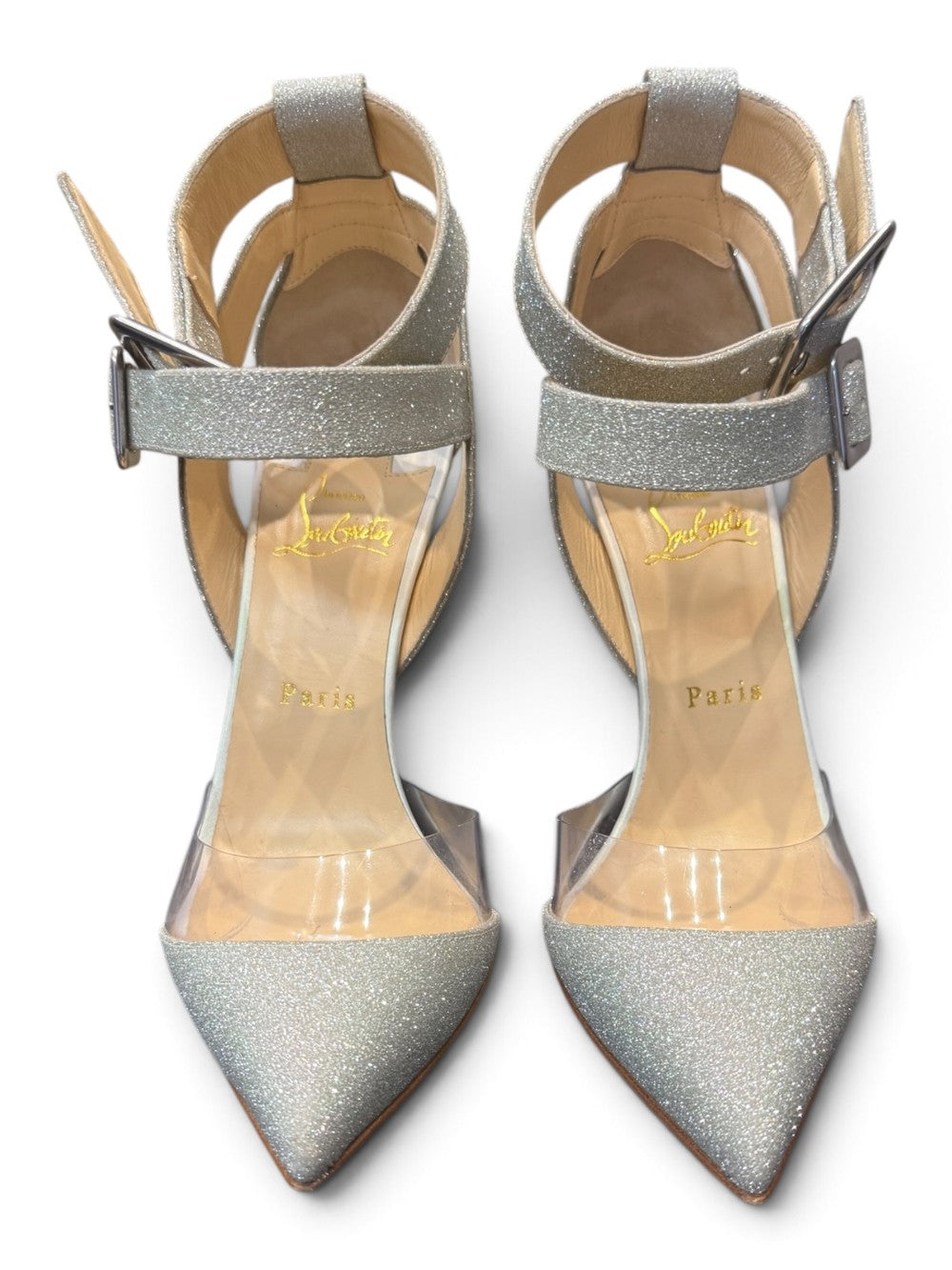 Christian Louboutin Silver Glitter & Clear Double-Strap Pumps|1031