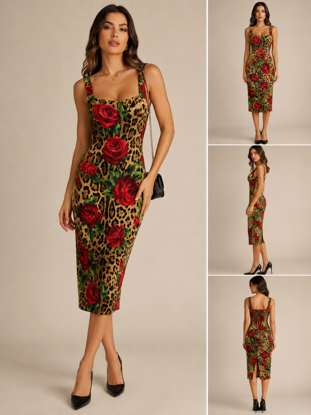 Dolce & Gabbana Rose & Leopard Print Cady Pencil Midi Dress – IT 48|531
