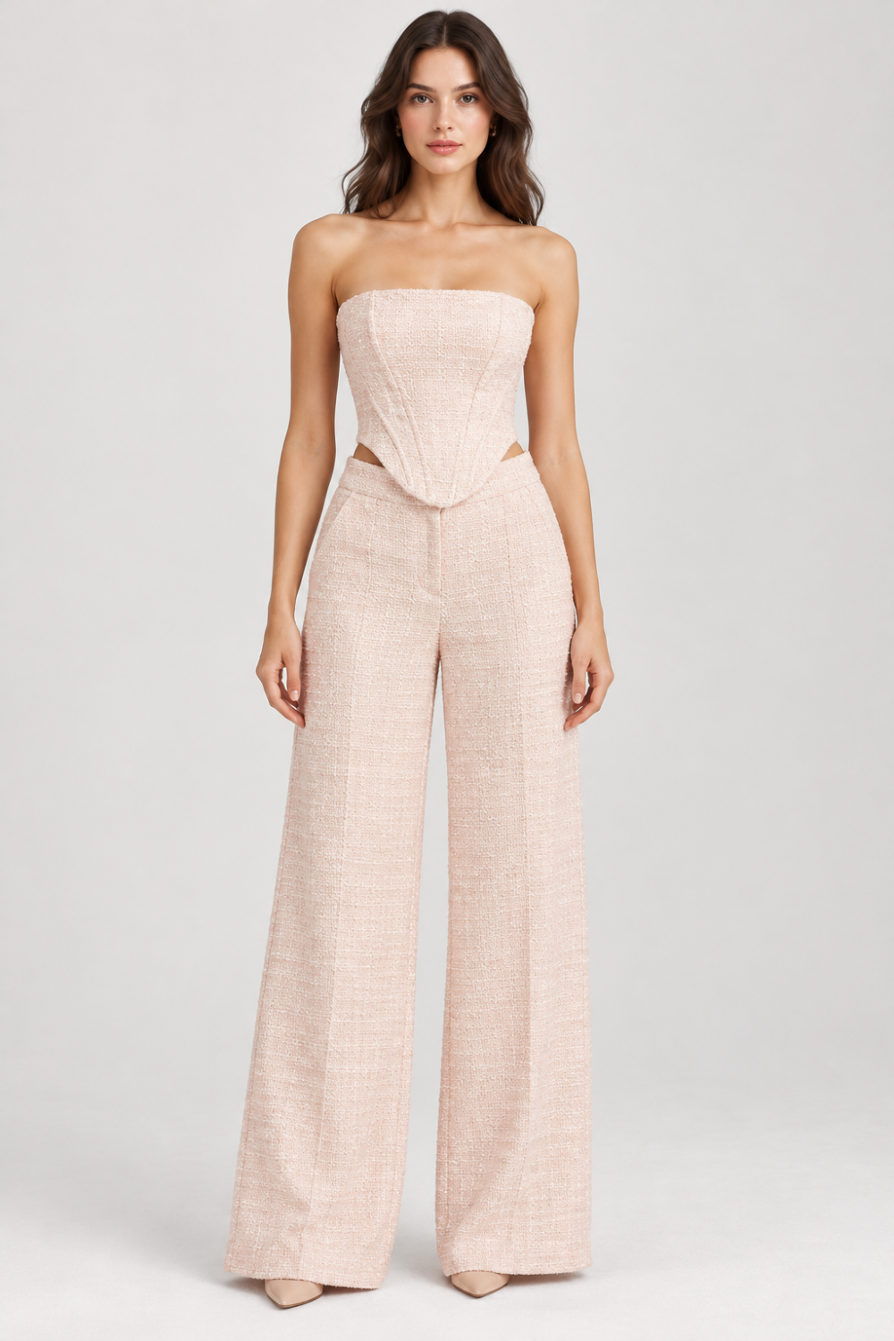 Blush Pink Bouclé Corset Top & Wide-Leg Pants Set|1035