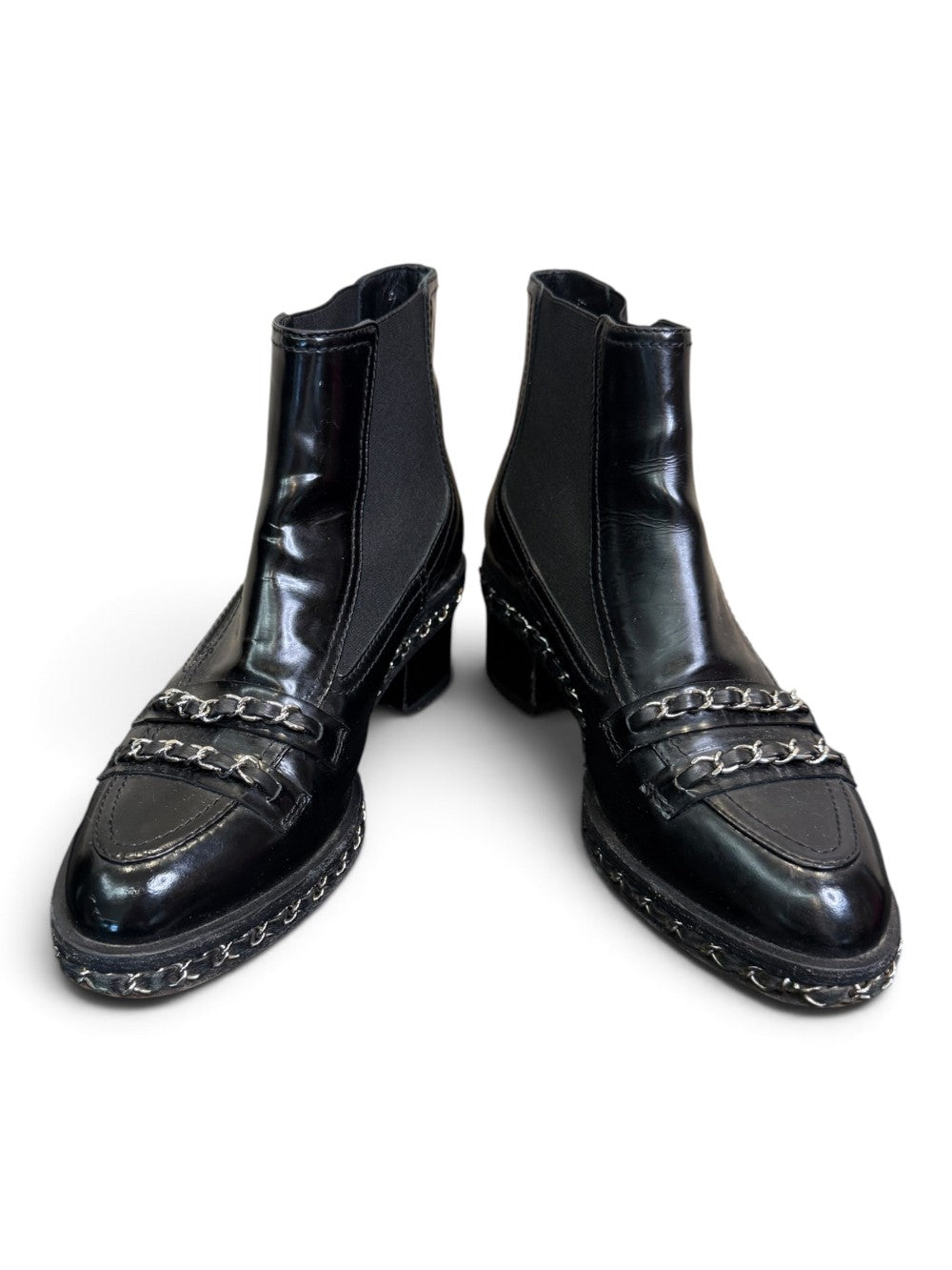 Chanel Black Leather Chain-Trim Chelsea Loafer Ankle Boots Size 37|780