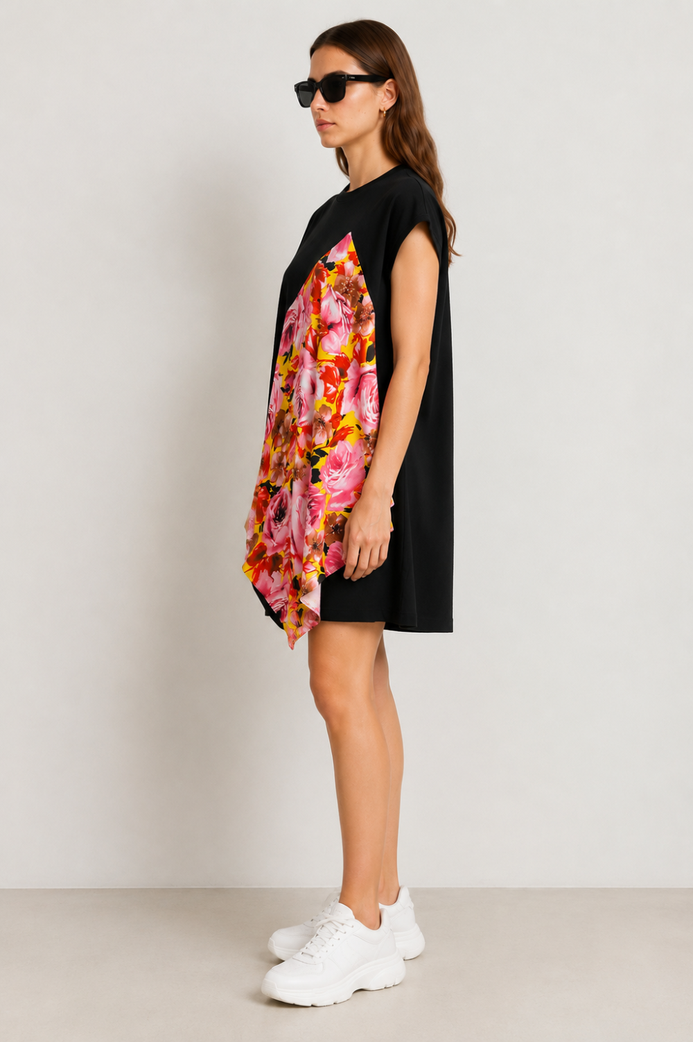 MSGM Floral Print Asymmetric T-Shirt Dress Black Multicolor Size S|538