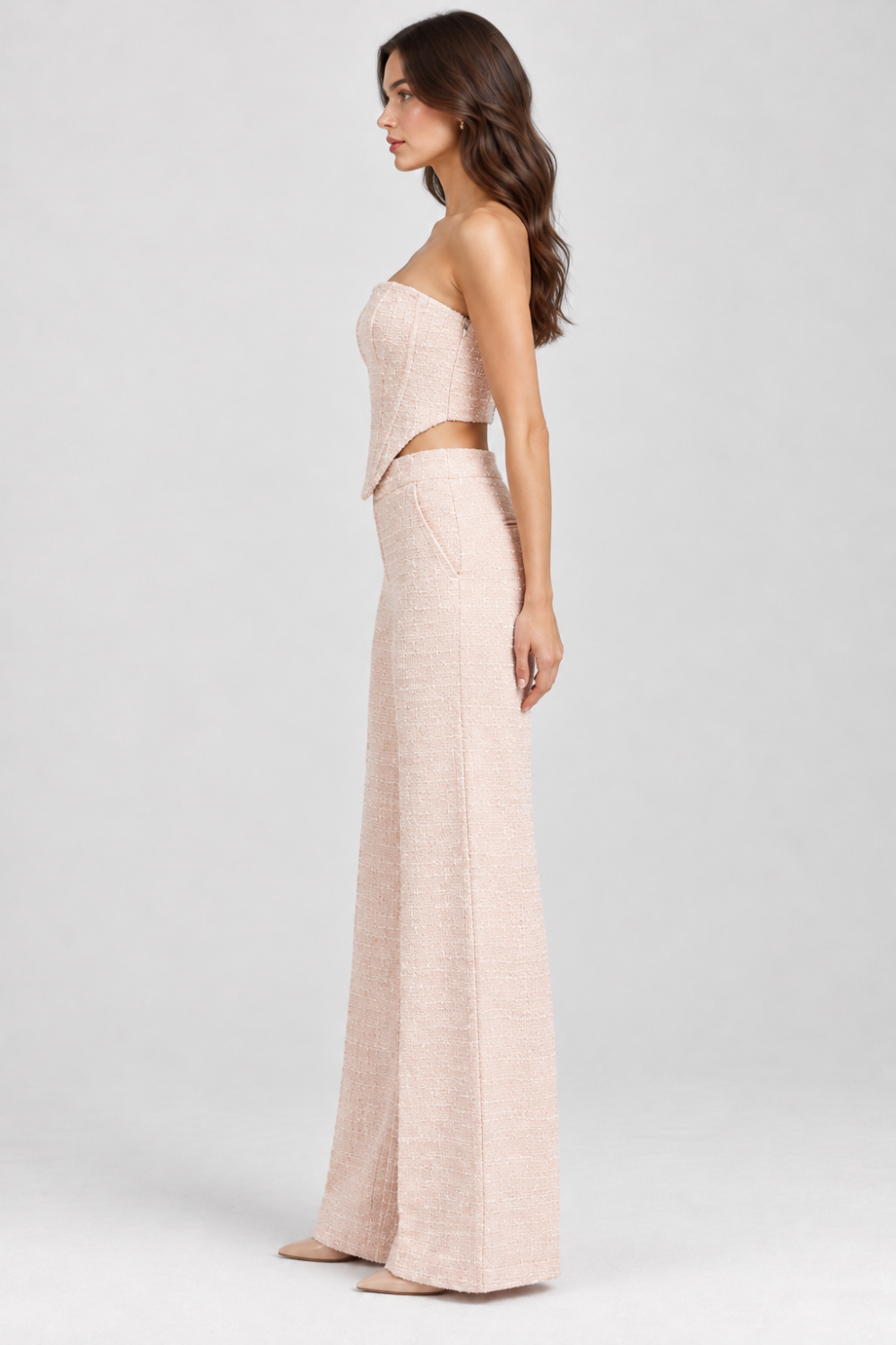 Blush Pink Bouclé Corset Top & Wide-Leg Pants Set|1038