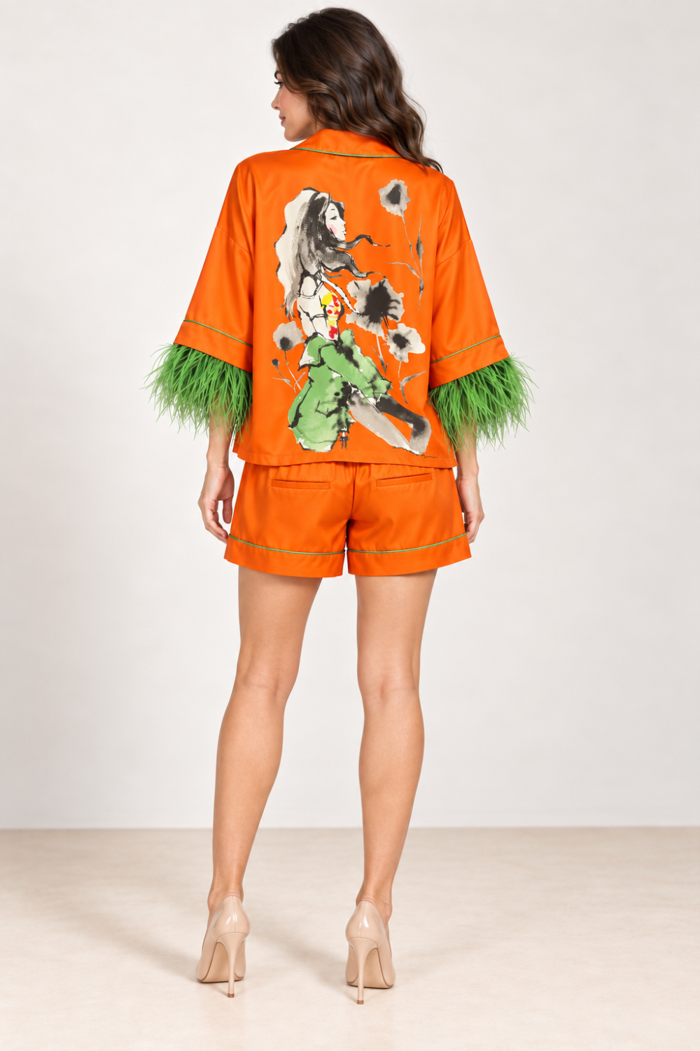 G. Novak Orange Silk Ostrich Feather Shirt & Shorts Set|869
