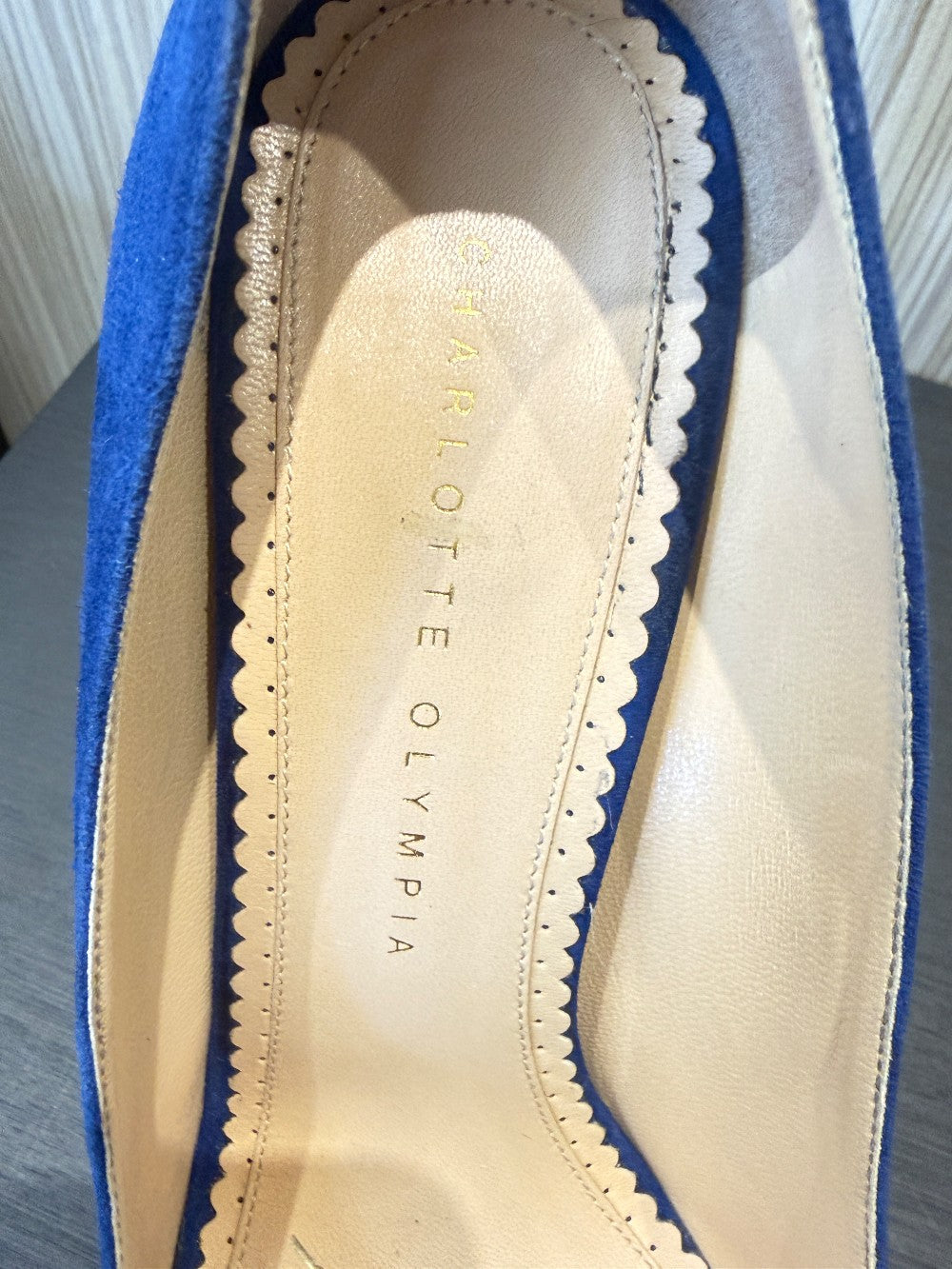 Charlotte Olympia Blue Suede Platform Pumps Gold Platform Size EU 39.|36