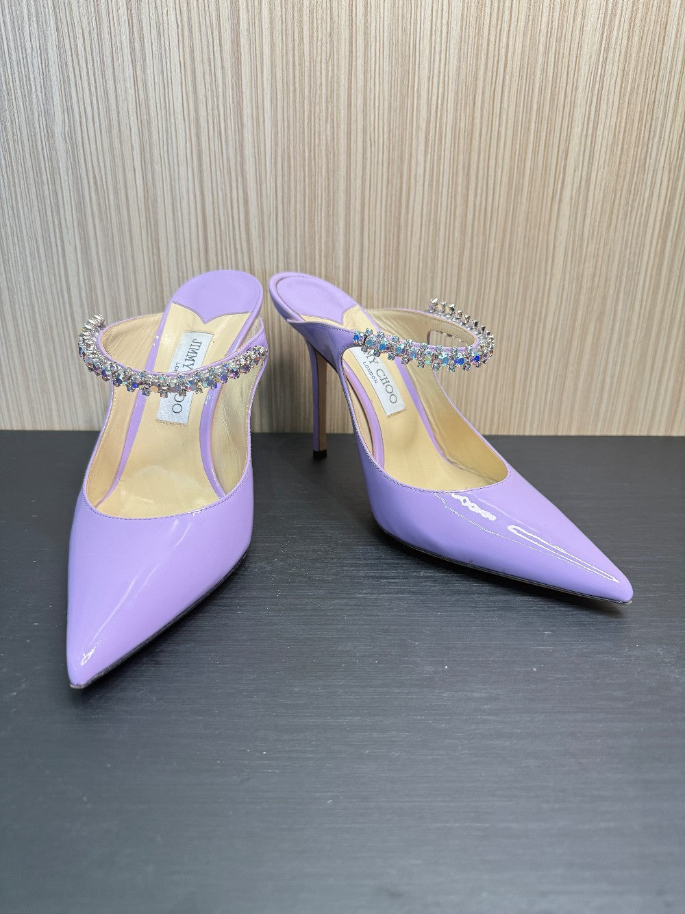 Jimmy Choo Bing Lilac Patent Leather Crystal Strap Mule Pumps Size 40|201