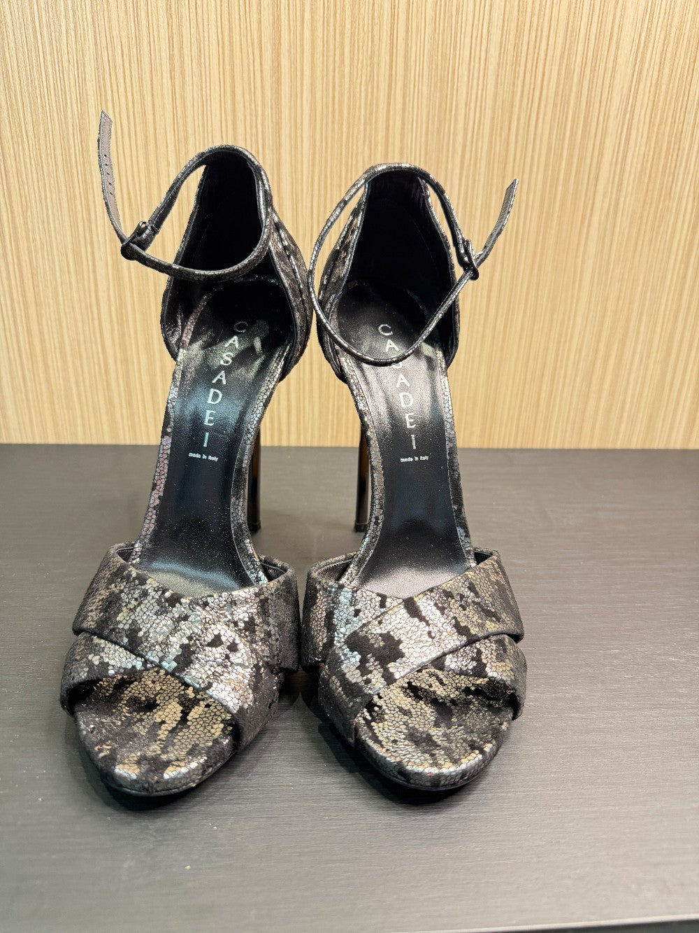 Casadei Metallic Snakeskin-Effect Ankle Strap Sandals|73