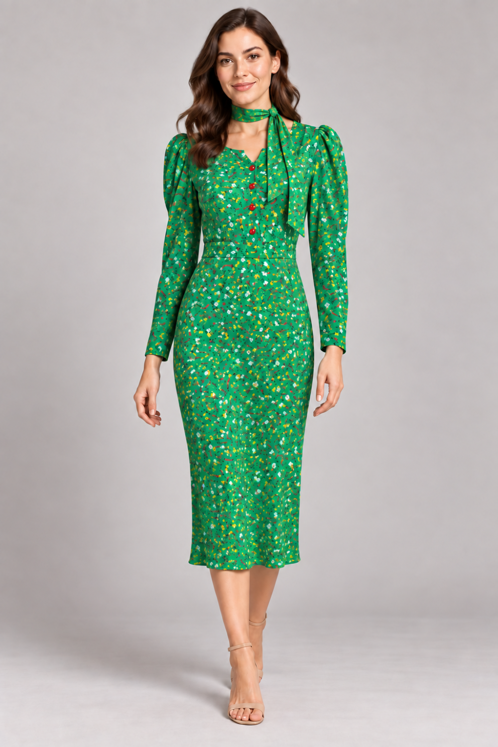 G. Novak Green Floral Belted Long-Sleeve Midi Dress|892