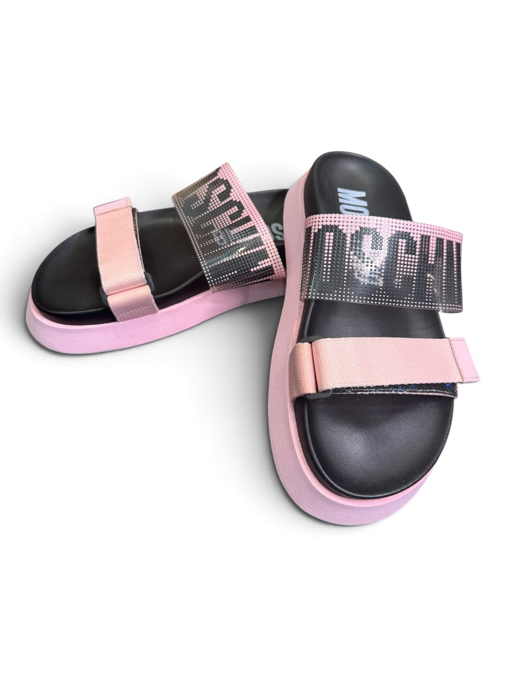 Moschino Pink & Black Embellished Logo Platform Slide Sandals|990